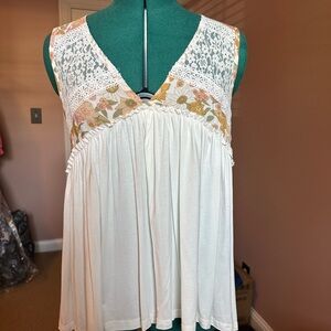 POL Cream Lace-Trim Floral Yoke Camisole